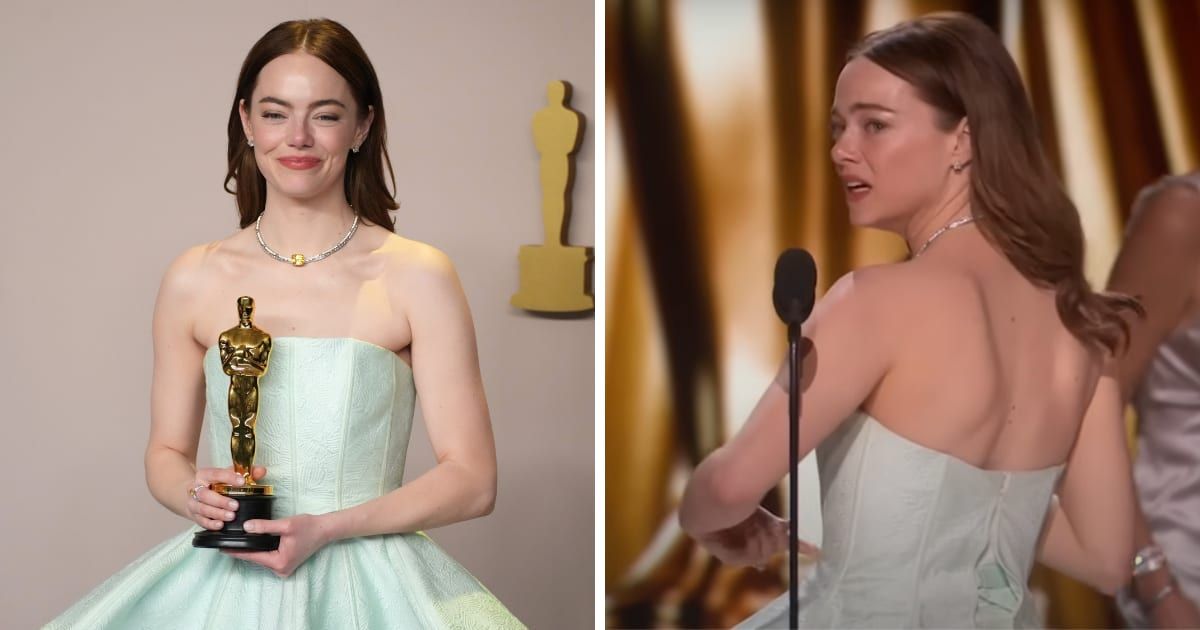 Emma Stone gracefully navigated the sartorial mishap but Louis Vuitton faces severe social media backlash (Getty Images, ITV/YouTube)