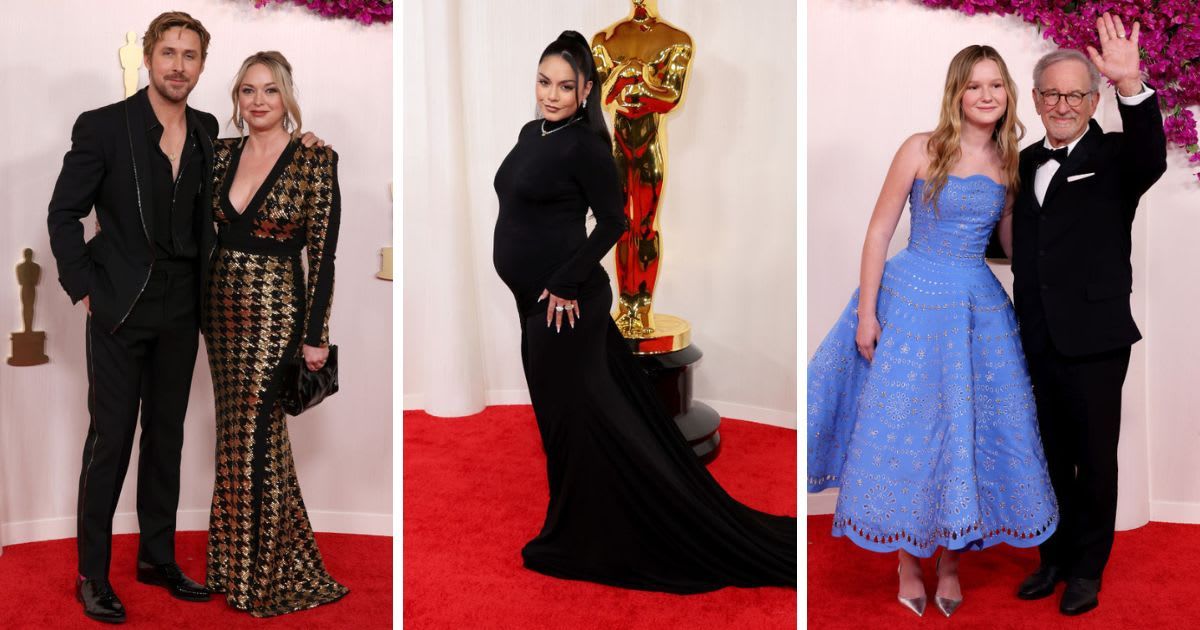 Ryan and Mandi Gosling, Vanessa Hudgens, and Steven Spielberg and his granddaughter at the Oscars 2024 (Mike Coppola/Getty Images and John Shearer/WireImage)