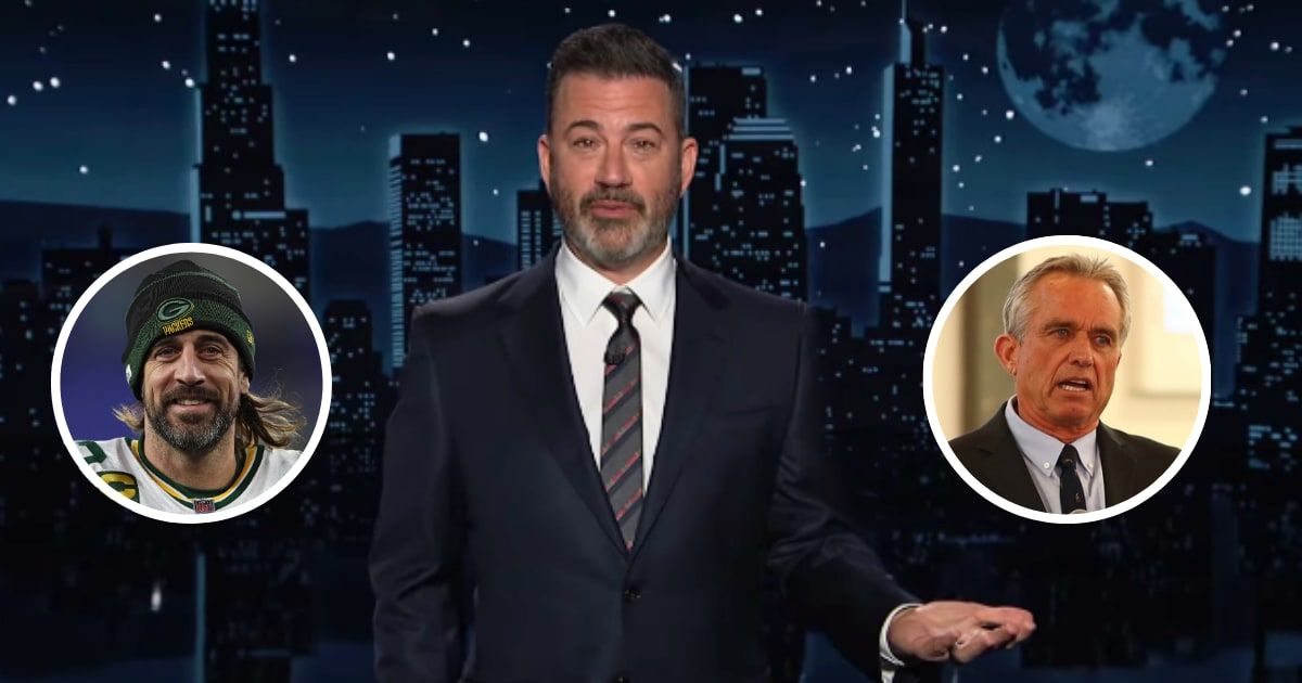 Jimmey Kimmel noted that Robert F Kennedy Jr plans to unveil his running mate soon, with Aaron Rodgers in the running (JimmyKimmelLive/Youtube, Getty Images)