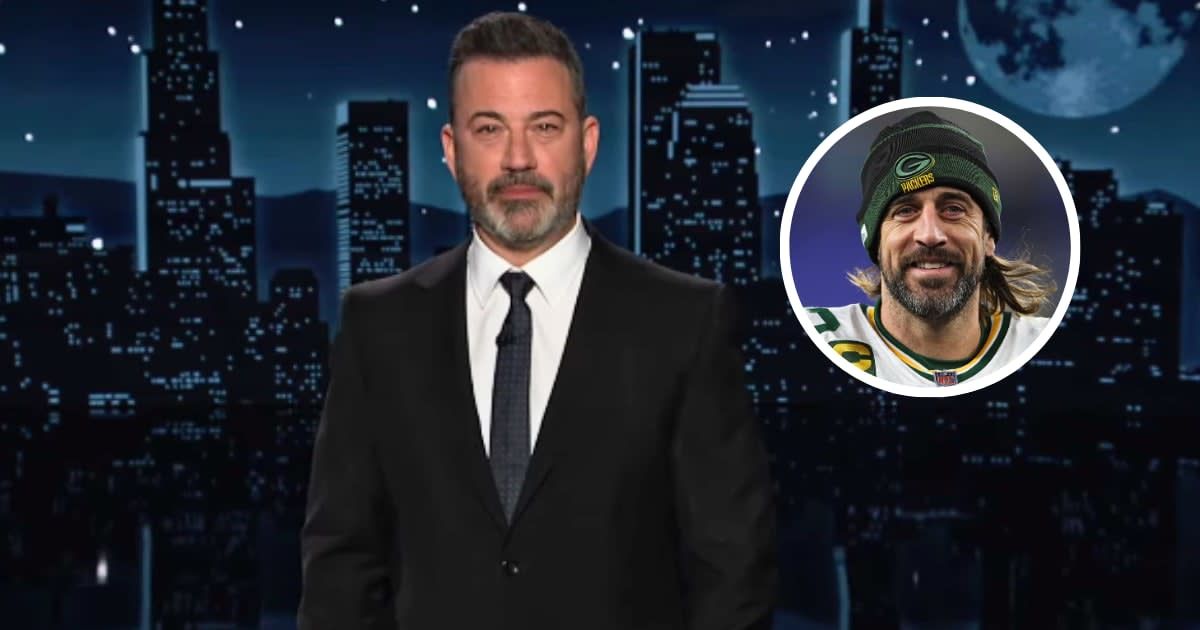 Jimmy Kimmel cooked up a wild conspiracy theory about Aaron Rodgers on the March 14 of 'Jimmy Kimmel Live' (JimmyKimmelLive/YouTube; Getty Images)