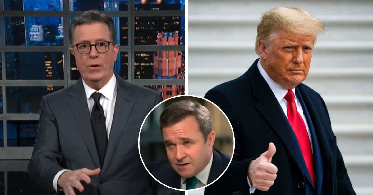 Late-night host Stephen Colbert criticized Newsmax anchor Greg Kelly's interview with former President Donald Trump (Getty Images)
