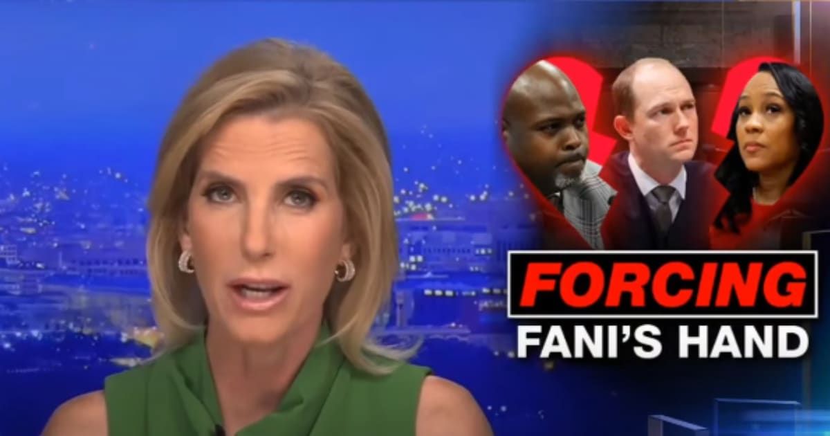Laura Ingraham appeared next to a graphic that showed a picture of Fani Willis in one half of a broken heart and attorney Terrence Bradley on the other end, and Judge Scott McAfee in the middle (@FoxNews/YouTube)