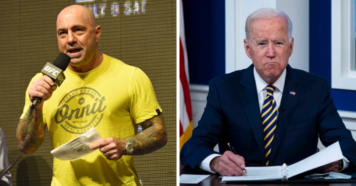 (L-R) In a candid conversation, Joe Rogan unleashed a torrent of scathing remarks, lambasting Joe Biden's staff as 'preposterous' (Getty Images)