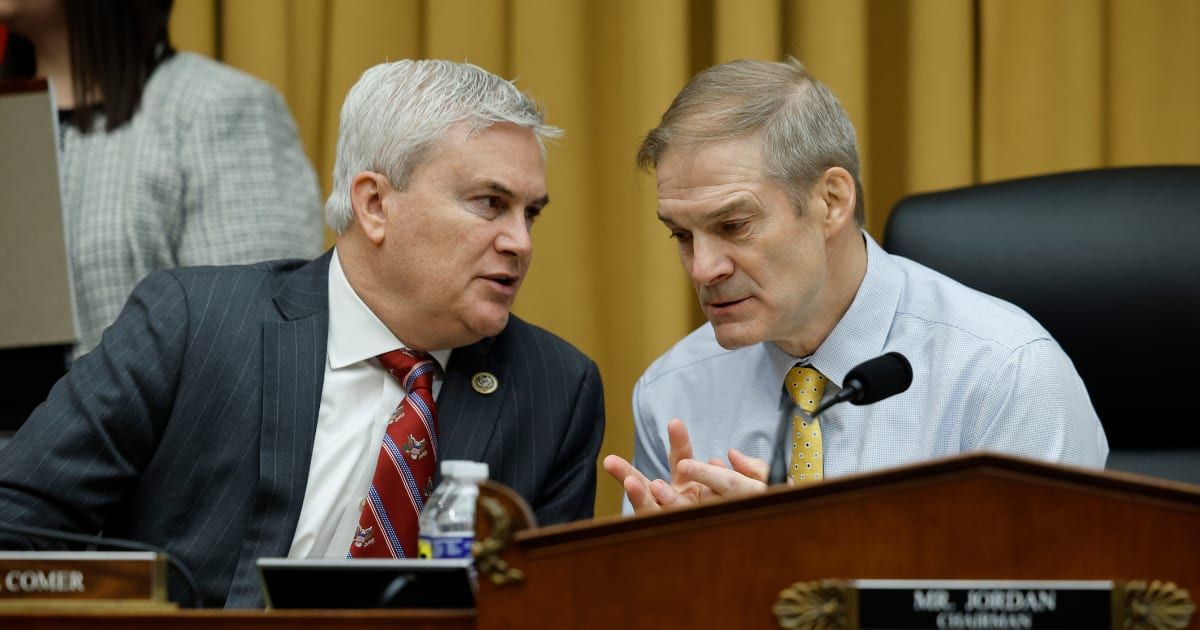 Rep James Comer (R-KY) talks to Chairman Rep Jim Jordan (R-OH) during a House Judiciary Committee hearing on March 12, 2024, in Washington, DC (Win McNamee/Getty Images)