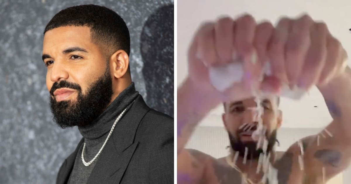 As the footage unfolds, Drake wordlessly wrings out the saturated garment, releasing a flood of perspiration onto the ground (Getty Images, Pop Crave/X)