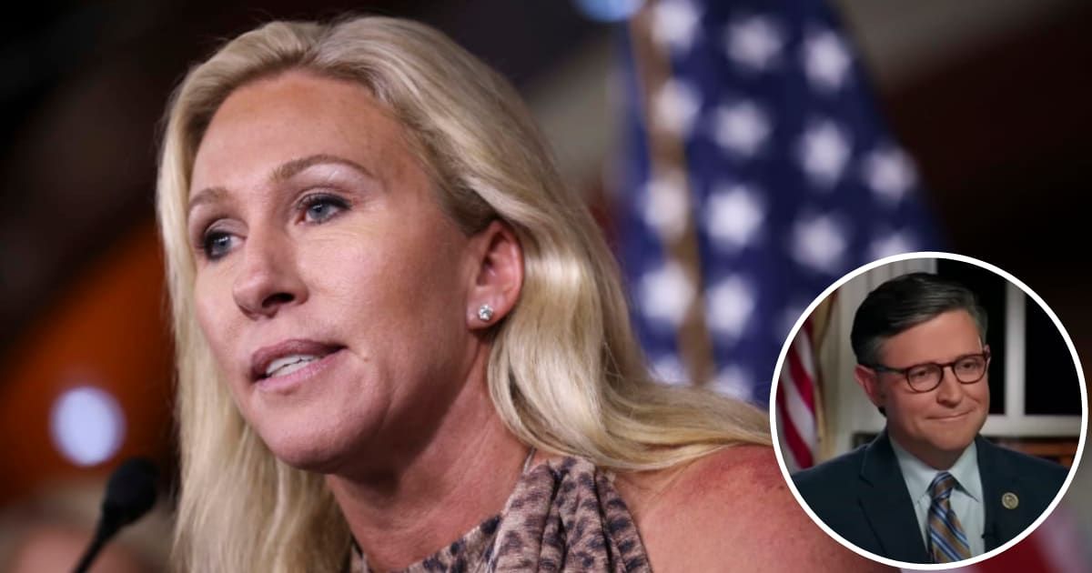 Rep Marjorie Taylor Greene posted a lengthy rant against Speaker Mike Johnson on X on March 23, 2024 (Getty Images, Speaker Mike Johnson/Youtube)