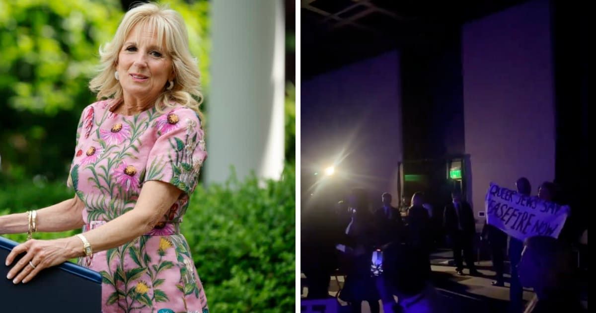 Protesters interrupted Jill Biden's speech during a fundraising event (Getty Images, The Hollywood Reporter/X)