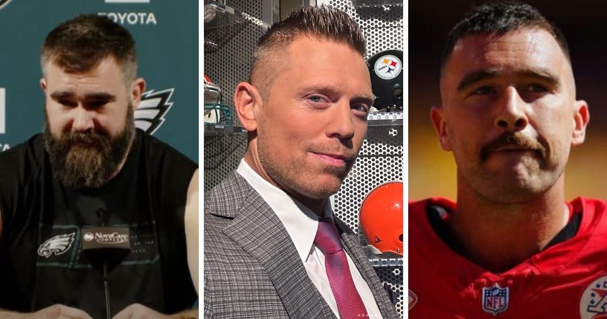 The Miz has talked to Travis Kelce about WWE, but not as yet with Jason Kelce (PhiladelphiaEagles/YouTube, @mikethemiz/Instagram, Getty Images)