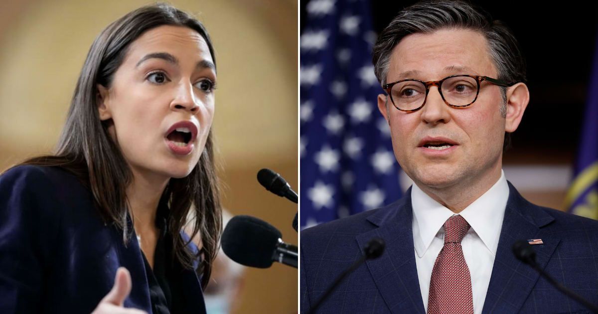 Rep Alexandria Ocasio-Cortez (D-NY) insisted on Sunday that Democratic support for Speaker Mike Johnson (R-La) over his potential ousting would not come "for free" (Getty Images)