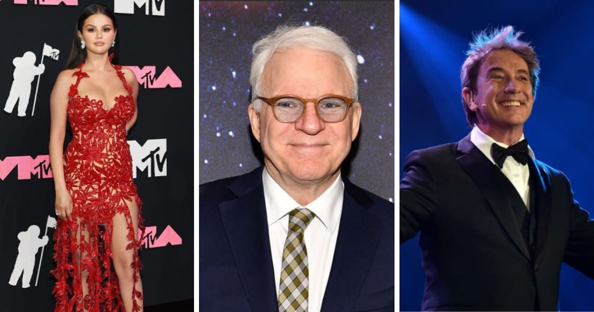 Selena Gomez shared a black-and-white photo of the trio lounging together on the set of their hit Hulu series (Instagram/@selenagomez, Getty Images)