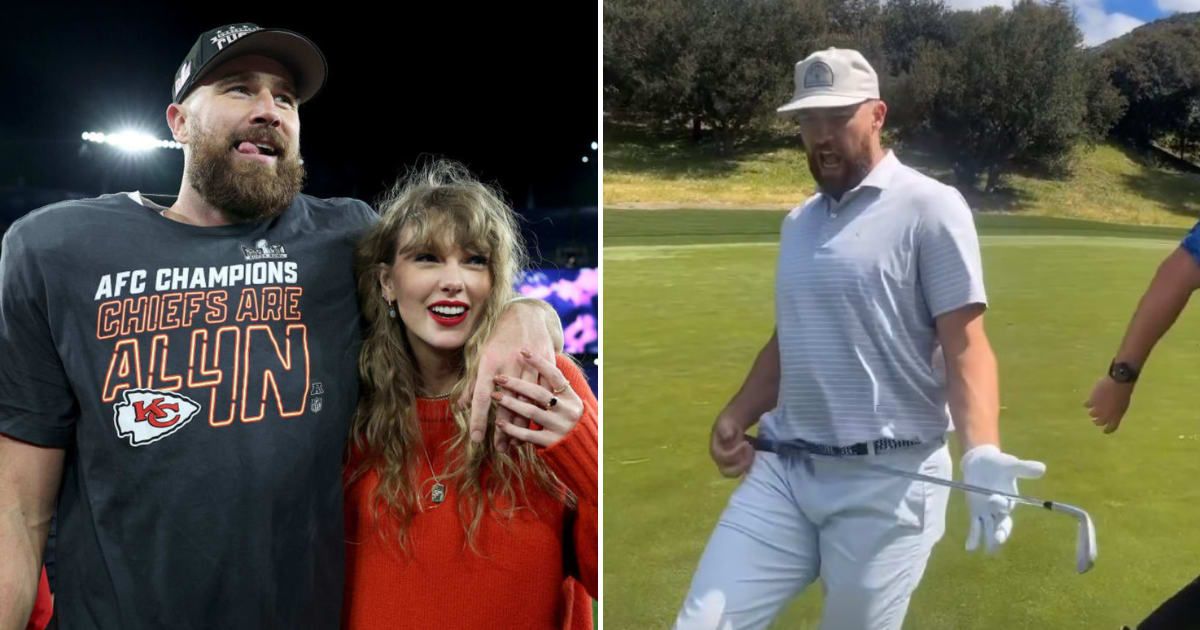 'Peak cringe': Travis Kelce trolled for air guitaring to Taylor Swift’s ‘Bad Blood’ as pals distract him with song while golfing