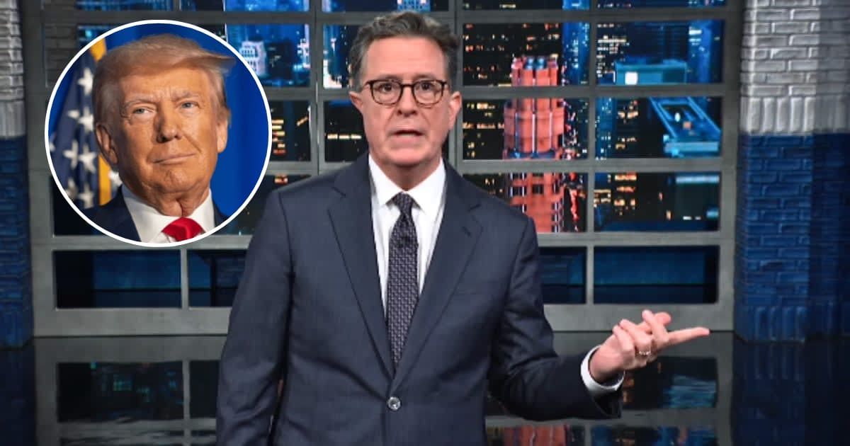 Stephen Colbert amusingly tackled the gag order imposed on Donald Trump in the Stormy Daniels hush money case (@ColbertLateShow/Youtube, Getty Images) 