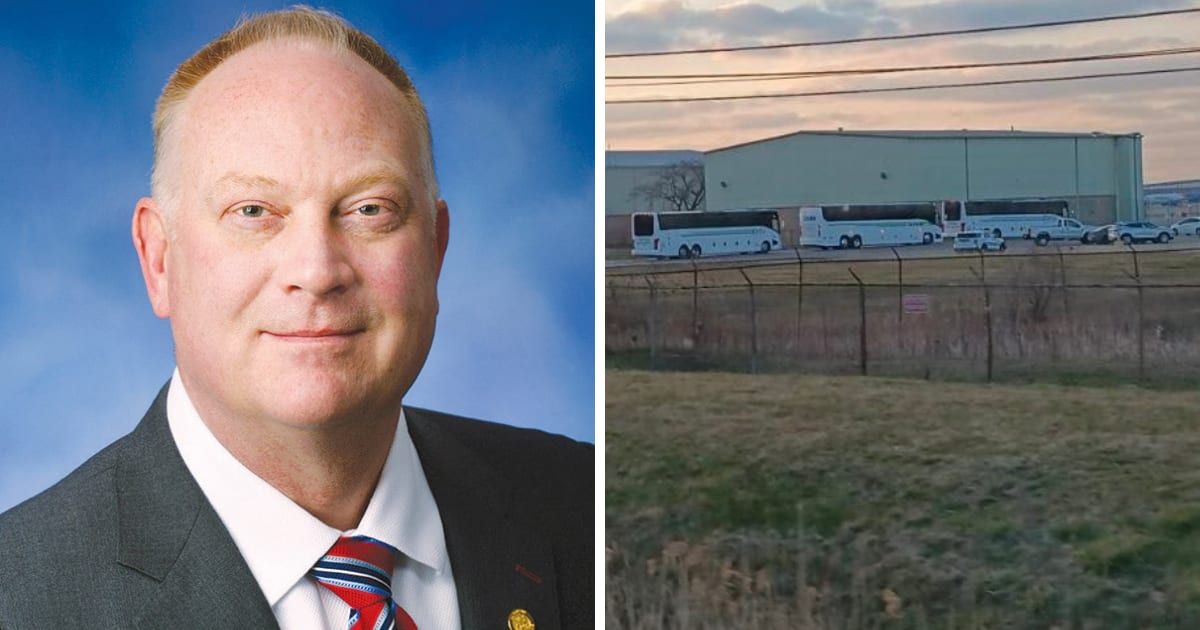 Matthew Maddock's post on X featured a photo of buses near an Allegiant Airlines jet on the tarmac (Michigan House Republicans/website, Matthew Maddock/X)
