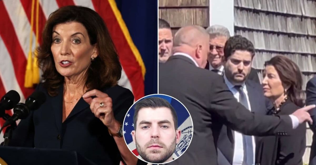 NY Gov Kathy Hochul abruptly left NYPD cop Jonathan Diller's wake (Getty Images, @Bubblebathgirl/X, NYPD)