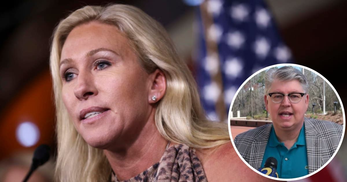 Rep Marjorie Taylor Greene slammed the first vice chairman of the Georgia Republican Party Brian Pritchard on X (Getty Images, Screengrab/WSB-TV)