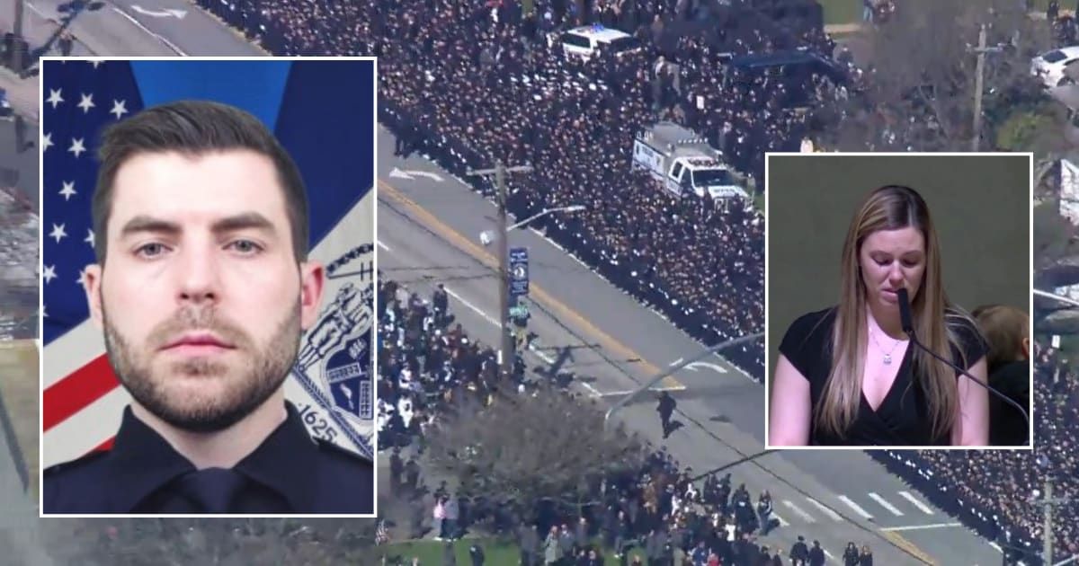 Slain NYPD officer Jonathan Diller's wife Stephanie delivered an emotional yet powerful speech as thousands of cops lined up to at his funeral (CBS Newyork/Facebook, NYPD, X)