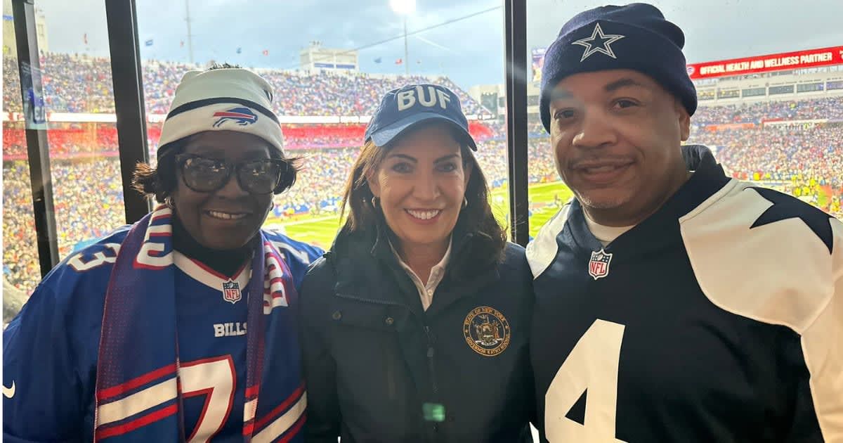 Governor Kathy Hochul, Majority Leader Crystal People-Stokes and Assembly Speaker Carl Heastie used the Buffalo Bills suite as a private party venue during a game in December 2023 (@GovKathyHochul/X)