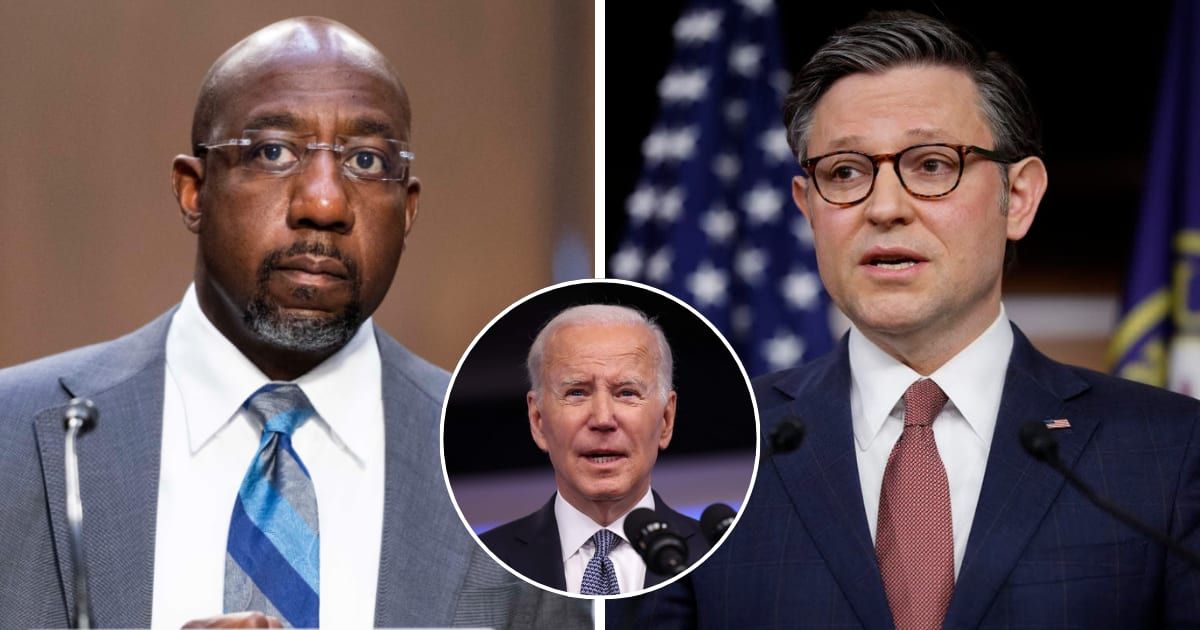 Sen Raphael Warnock denounced Mike Johnson's criticism against President Joe Biden for marking Transgender Day of Visibility on Easter (Getty Images)