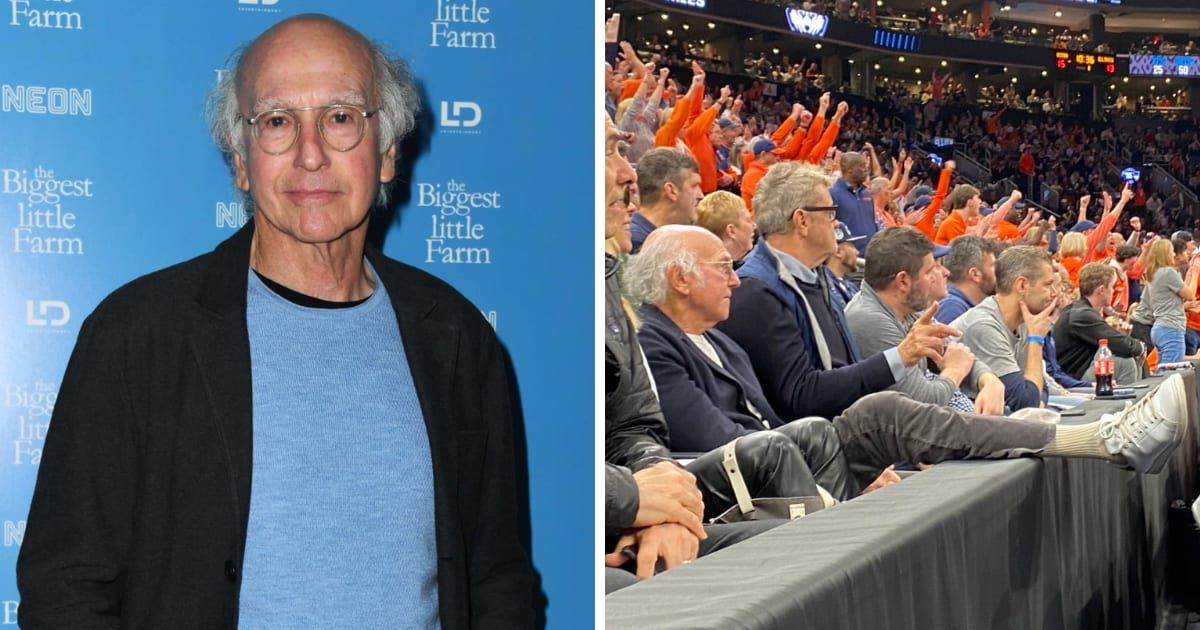 Videos and photos circulated online, showing Larry David biting his nails and stretching his leg over the guard railing during the March Madness face-off at TD Garden in Boston (Getty Images, David Borgess/X)