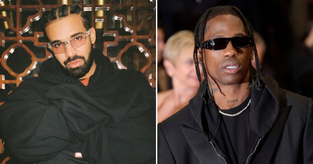 Drake shoots fake gunfire at a giant Travis Scott prop head during his 'Meltdown' performance (@champagnepapi/Instagram, Getty Images)