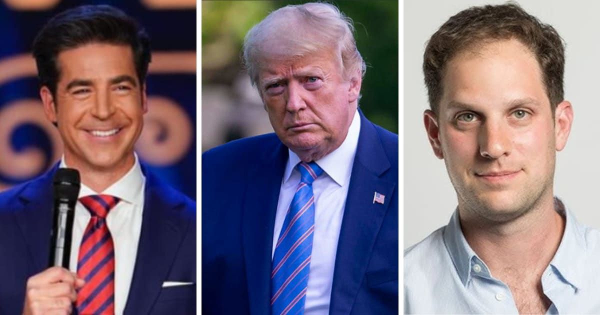 Jesse Watters defended Donald Trump over his silence on Evan Gershkovich's detainment (@jessewatters/Instagram, Getty Images, National Press Club Live, YouTube)