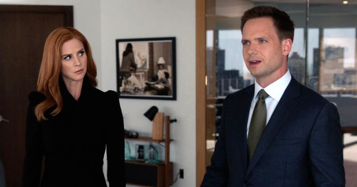Patrick J Adams as Michael Ross and Sarah Rafferty as Donna Paulson in 'Suits' (USA Network)
