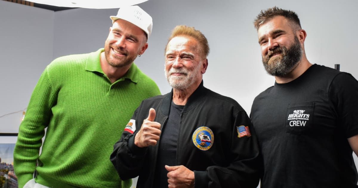 Jason Kelce, Arnold Schwarzenegger, and Travis Kelce engaged in the run-for-Governor conversation in their 'New Heights' podcast (X/@newheightshow)