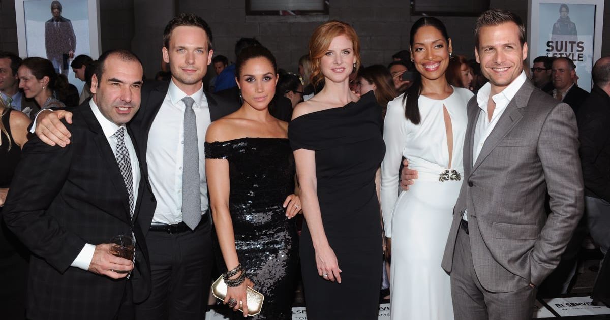 The main cast of 'Suits' included (L to R) Rick Hoffman, Patrick J Adams, Meghan Markle, Sarah Rafferty, Gina Torres, and Gabriel Macht (Jamie McCarthy/Getty Images)
