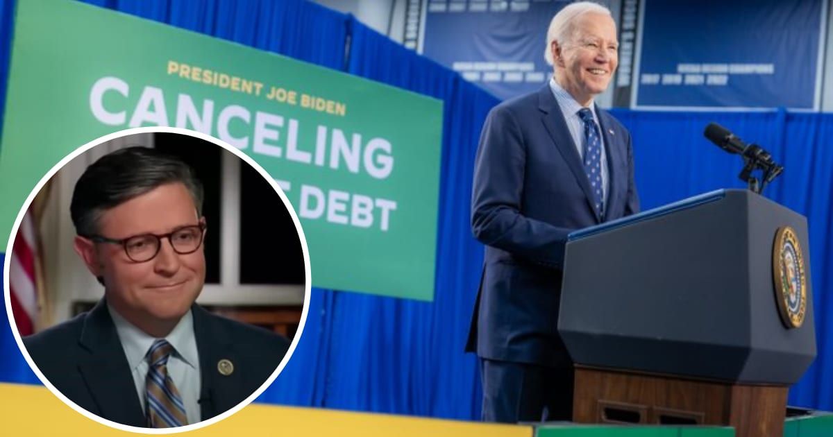 Mike Johnson expressed his dissatisfaction with Joe Biden's new student loan bailout plan on X on April 8, 2024 (@POTUS/X, Speaker Mike Johnson/YouTube)