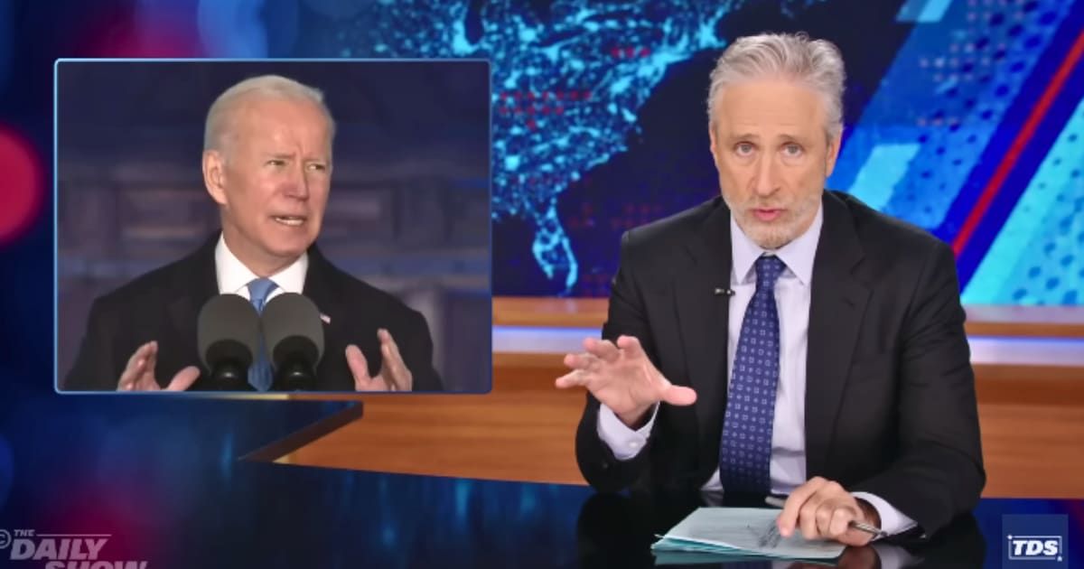'The Daily Show' host Jon Stewart tore into the Biden administration for failing to 'have the courage' to denounce Israel’s bombing of innocent civilians (@TheDailyShow/YouTube)