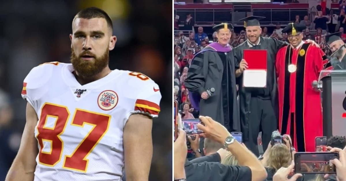 Travis Kelce referred to 'man child' following his beer-chugging celebration at his graduation ceremony (Getty Images, DanHoard/X)