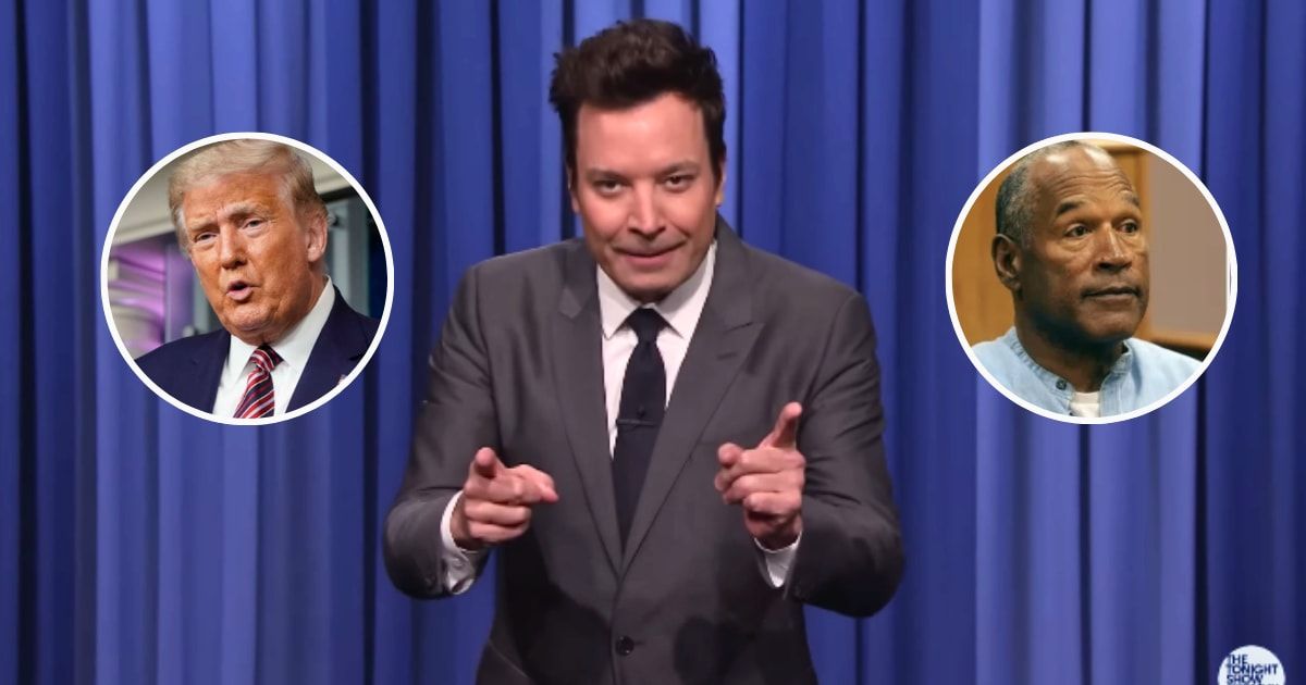 Jimmy Fallon poked fun at Donald Trump's attempts to delay his upcoming trial by bringing up OJ Simpson's death (@fallontonight/YouTube, Getty Images)