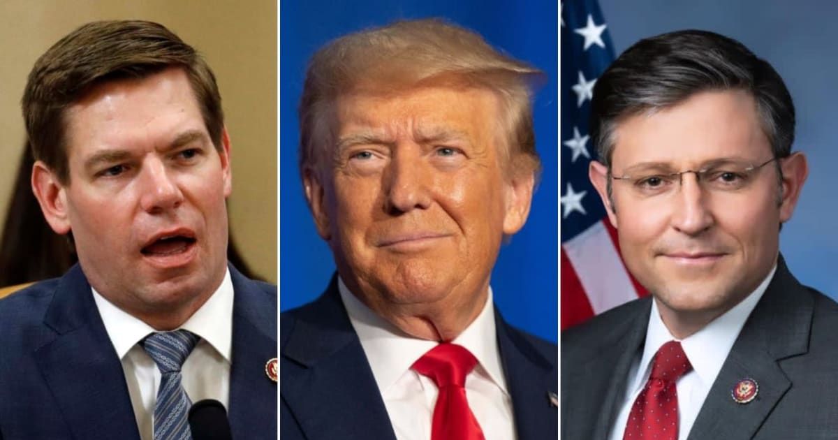 Eric Swalwell (left) referred to Speaker Mike Johnson and Donald Trump's joint press conference on 'election integrity' as 'absurd' (Getty Images, Facebook/Speaker Mike Johnson)