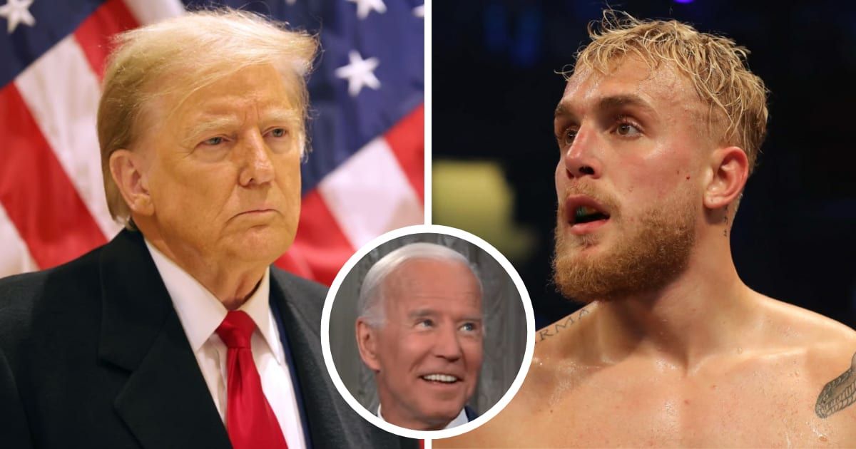 During an interview on Fox News, Jake Paul (R) asserted that Trump (L) 'wouldn't even have to punch' Biden (M) to win in a boxing match (Getty Images, The Late Show With Stephen Colbert/YouTube)