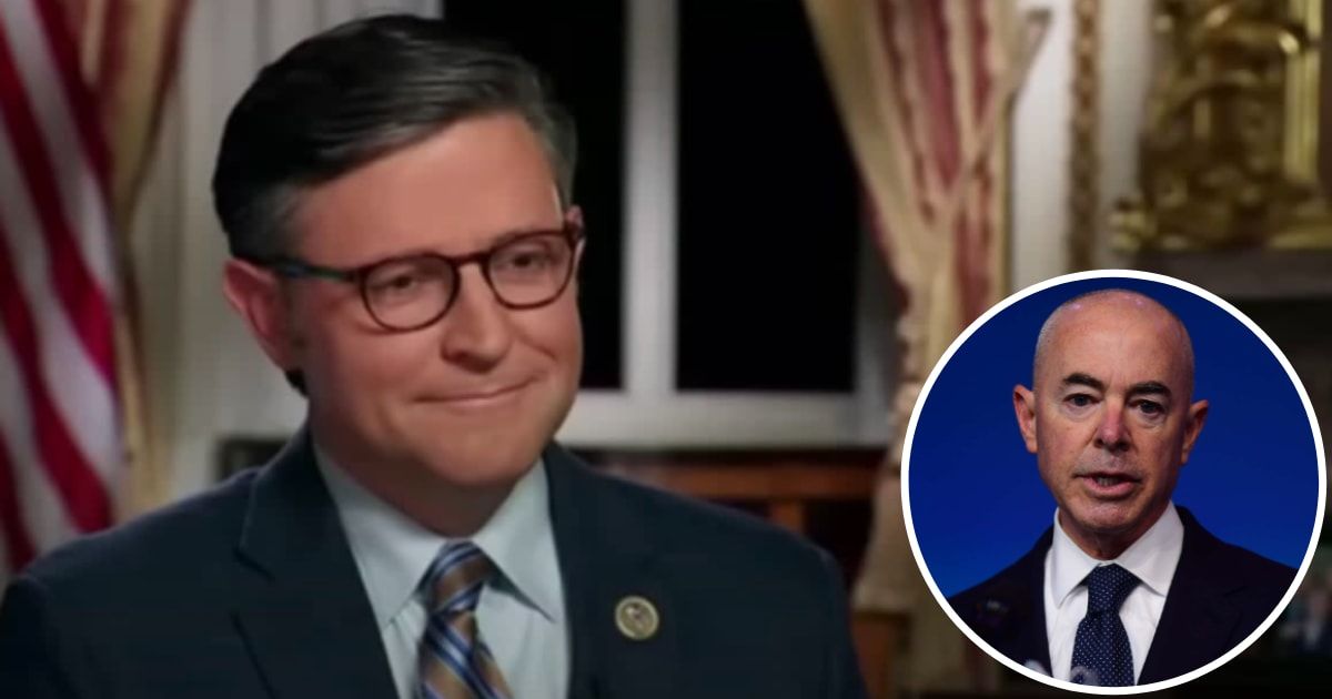 Mike Johnson signed the impeachment articles of Secretary of Homeland Security Alejandro Mayorkas on Monday, April 15, 2024 (Speaker Mike Johnson/YouTube, Getty Images)