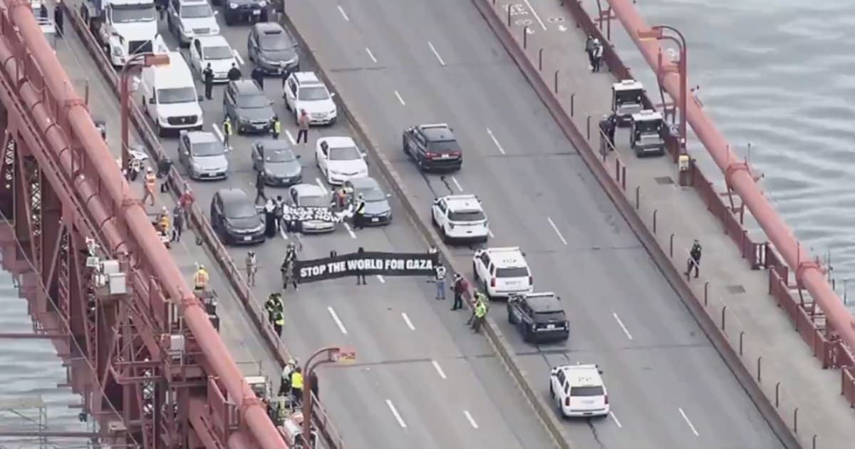 In a demonstration of solidarity with Gaza, protesters representing the group A15 Action blockaded the iconic Golden Gate Bridge in San Francisco (ABC News 7/X )