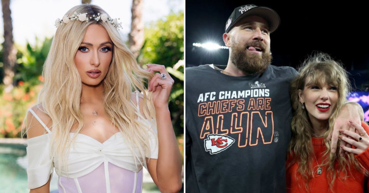 Paris Hilton shifted to create space on VIP platform for Taylor Swift and Travis Kelce (@parishilton/Instagram, Patrick Smith/Getty Images)