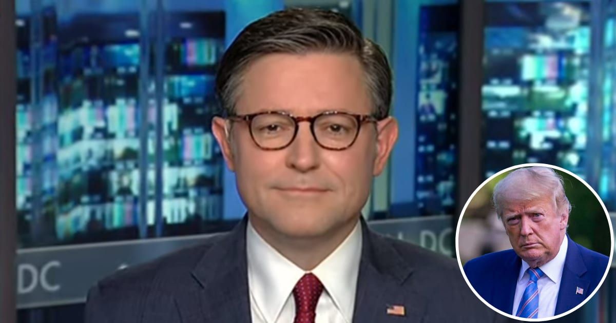 Speaker Mike Johnson slammed Democrats over Donald Trump's New York hush-money trial in a tweet on April 16, 2024 (Screengrab/Fox News and Getty Images)