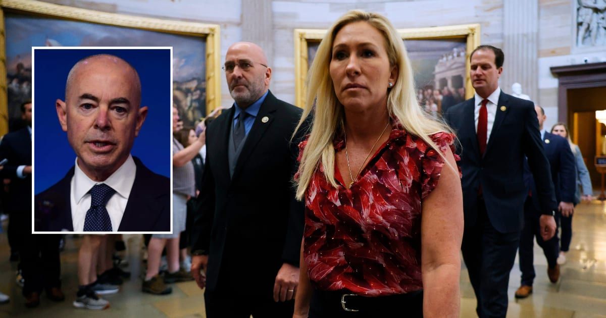 Rep Clay Higgins (R-LA), Rep Marjorie Taylor Greene (R-GA), and Rep August Pfluger (R-TX) walk back after transmitting articles of impeachment against Homeland Security Secretary Alejandro Mayorkas to the Senate on April 16, 2024, in Washington, DC (Getty