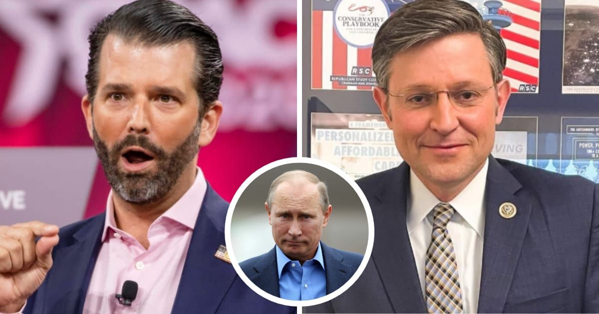 Donald Trump Jr ignited a firestorm of outrage against Mike Johnson for his claim that the US isn't going to let 'Putin march through Europe'  (Getty Images, Mike Johnson/Instagram)
