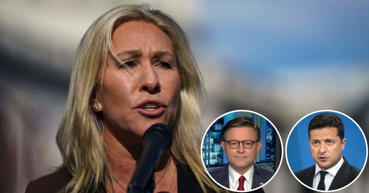 Rep Marjorie Taylor Greene attacks Mike Johnson as Ukrainian President Volodymyr Zelenskyy personally thanked the Speaker for his role in passing the foreign aid bill (Getty Images, Screengrab/Fox News)