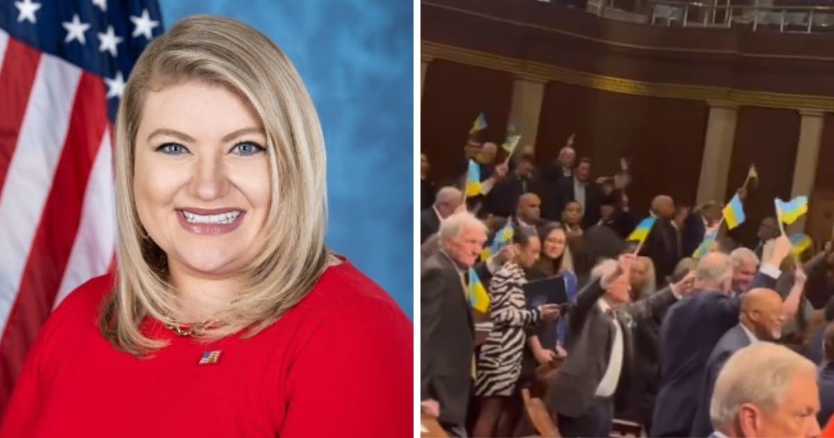 Kat Cammack called for the ban on displaying foreign flags within the House of Representatives as legislators were seen celebrating the passage of the aid package by waving Ukrainian flags on April 20 (@RepKatCammack/X, @RepClayH