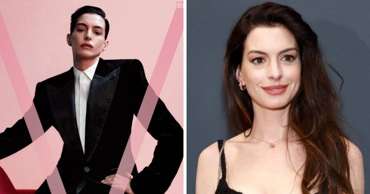 Anne Hathaway unveiled her dramatic transformation in a gender-bending magazine cover shoot (@VMagazine/Instagram, Getty Images)