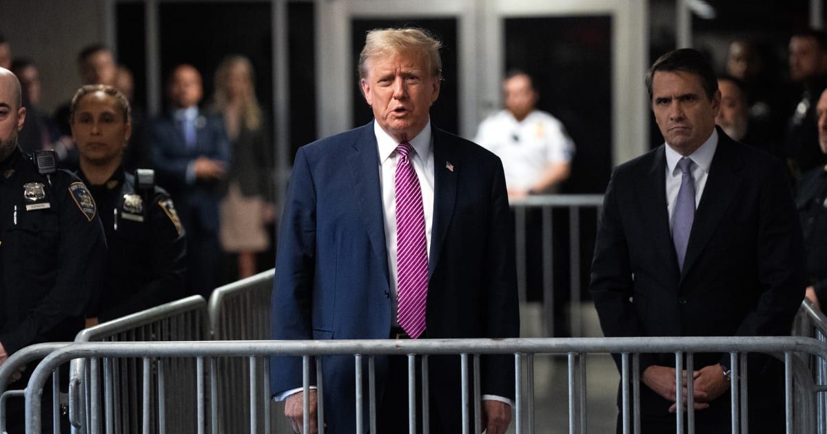 Donald Trump speaks to the media at the end of the day during his criminal trial at Manhattan Criminal Court on April 19, 2024, in New York City (Getty Images)