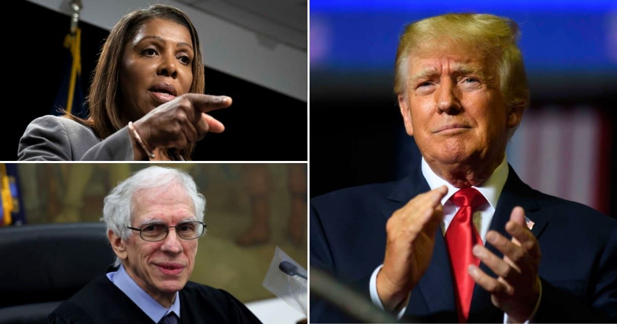 New York Attorney General Letitia James (L-Top), Judge Arthur Engoron (L-Bottom), Former President Donald Trump (Getty Images)