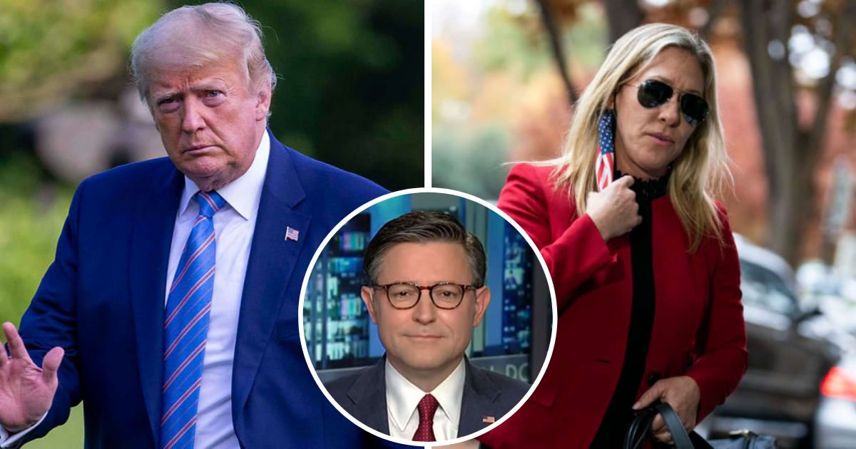 Donald Trump praised Mike Johnson's role as House Speaker even as Marjorie Taylor Greene called for his resignation (Getty Images, Screengrab/Fox News)