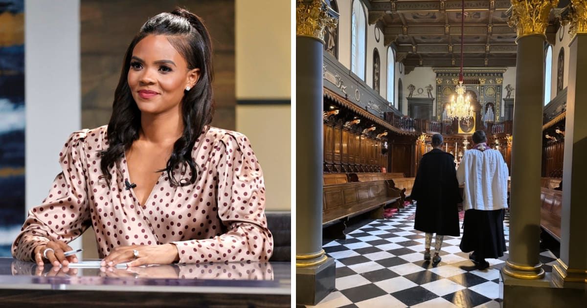 Owens posted two photographs of herself holding a candle and posing with Father Julian Large (Getty Images, Candace Owens/X)