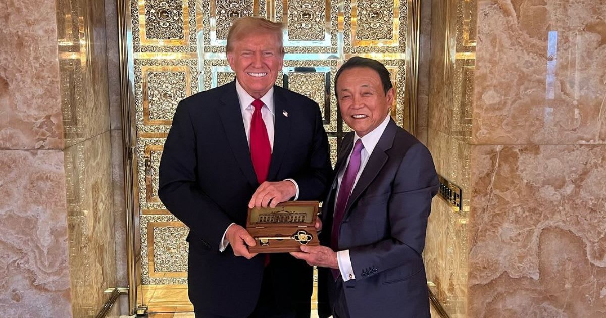 On Tuesday, former President Donald Trump (L) gifted a key to the White House to former Japanese Prime Minister Taro Aso (R) upon his visit to New York (@teamtrump/Instagram)