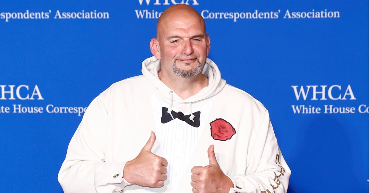 John Fetterman attended the White House Correspondents' Dinner in a casual hooded sweatshirt featuring a bowtie graphic (Paul Morigi/Getty Images)