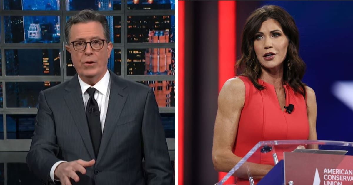 Stephen Colbert didn't hold back in mocking South Dakota Governor Kristi Noem's admission of euthanizing her puppy, Cricket ('The Late Show with Stephen Colbert'/Getty Images)
